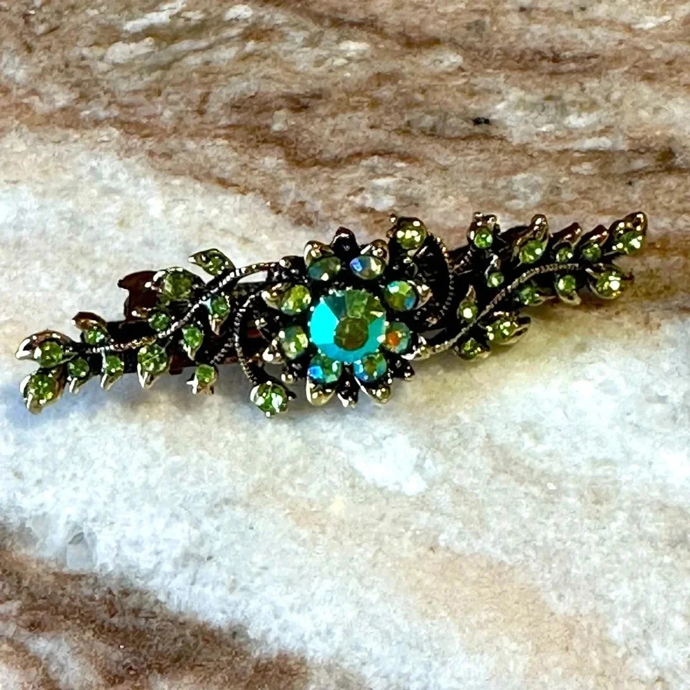 Light Green Peridot AB Floral Crystal Rhinestone Medium Barrette Hair Clip